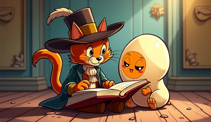 Puss in Boots and an egg watching a comic book in front of them. animated comic