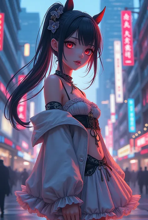 Anime girl in aesthetic outfit in japan city 
lights background