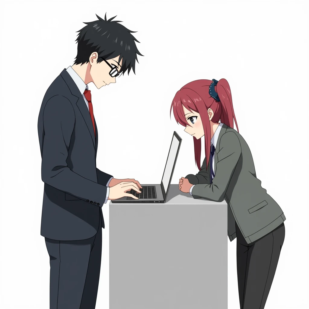 Black haired male teacher, wearing glasses, black eyes, anime image, white background, leaning against the wall and using a laptop, and there is a female student Arisu from the game Blue Archive leaning against the wall.