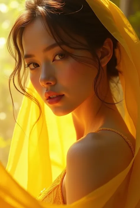 gorgeous girl in yellow translucent silk lingerie, head and shoulders portrait, 8k resolution concept art portrait by Greg Rutkowski, Artgerm, WLOP, Alphonse Mucha dynamic lighting hyperdetailed intricately detailed Splash art trending on Artstation triadi...