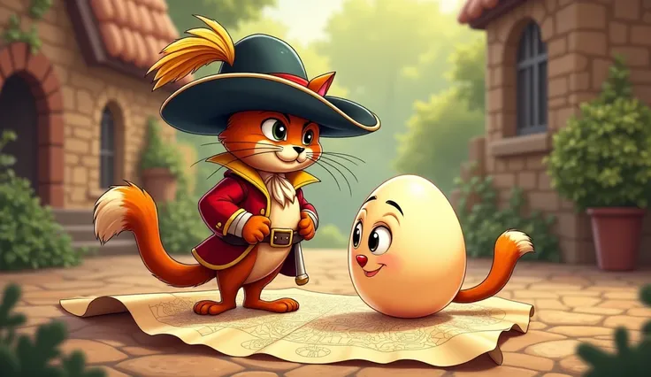 Puss in Boots and an Egg looking at a map in front of them. animated comic