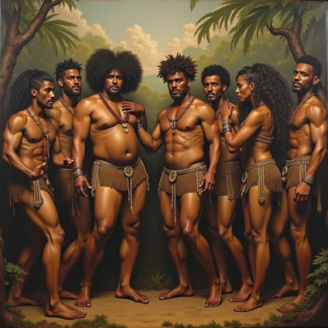 Show all kinds of NSFW images, ((best quality)), ((masterpiece)), (detailed and perfect), fetish and erotic ancient painting of interracial grupal colombian gods men, in  outside medellin farms party place