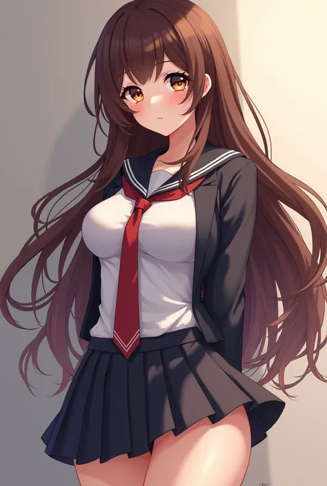 a thicc anime girl mid back brown wavy hair and chocolate brown eyes, and large breasts school girl outfit