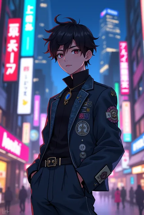 Anime boy in aesthetic outfit in japan city 
lights background