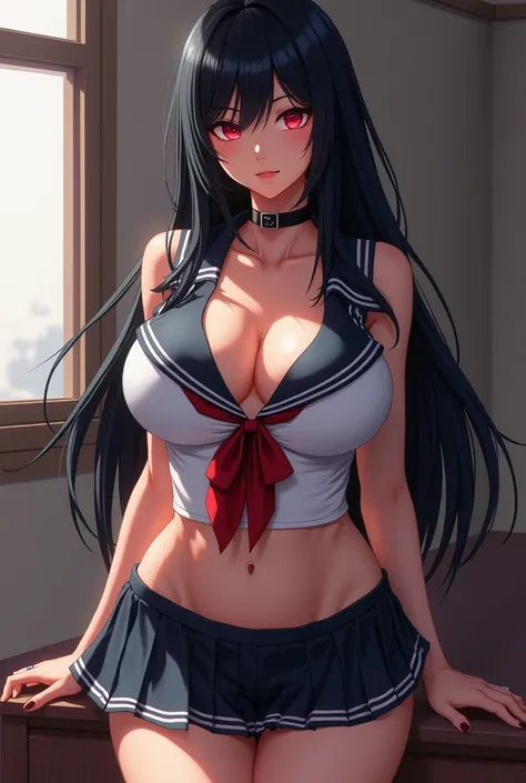 A thicc anime MILF with long black straight hair, dark red eyes, large breasts, school girl outfit