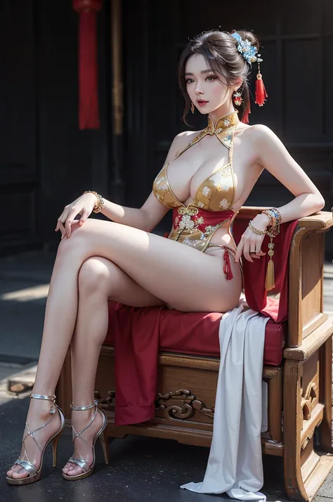 (((8K, masterpiece, best quality, ultra detailed, photorealistic))), a 20s sexy woman, crossed legs, ((quite revealing sexy chinese costume, nearly naked)), (detaild photorealistic body skin), huge breasts, many large presence accessaries, stiletto heel, h...