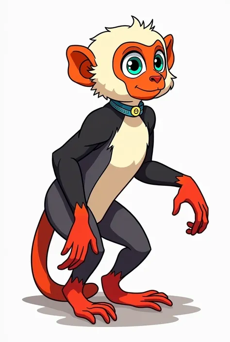 (Seaart)A female, red shanked duoc langur. Orange on her upper face and cream on the lower portion, with turquoise around her eyes, black shoulders and biceps, grey abdomen, white forearms, and bright red legs. Similar to a lemur in body shape. A lot of fu...