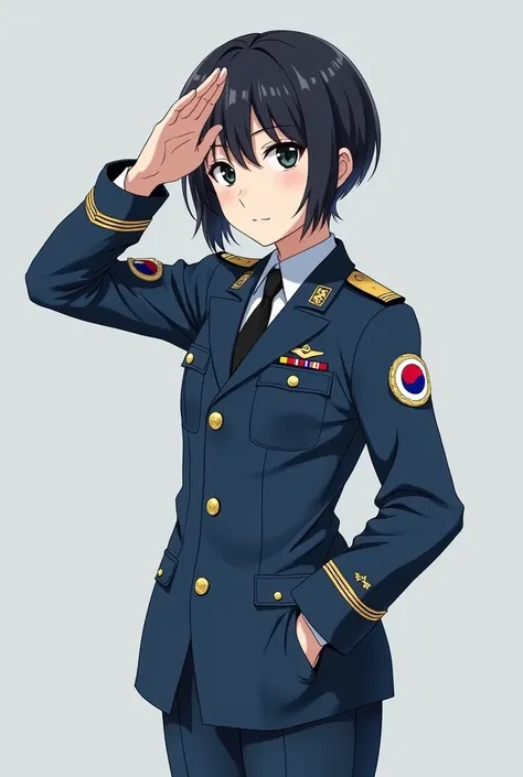 Stylish anime characters、Please make one for a black-haired teenager。My occupation is the Maritime Self-Defense Force.。I need a full character.、Dressed in blue camouflage uniform。My whole body and hands are out of my pockets.、You must be saluting.。
