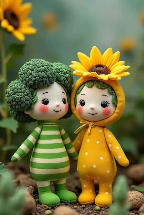 Two mini broccoli-sunflower hybrid dolls with whimsical headpieces. Their candy-wrapped bodies are crafted from glossy cotton fabric—one featuring vibrant green stripes like broccoli stalks, and the other with bright yellow polka dots mimicking sunflower p...