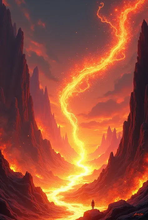 fire particles place with lava mountains and animae ilustration
 