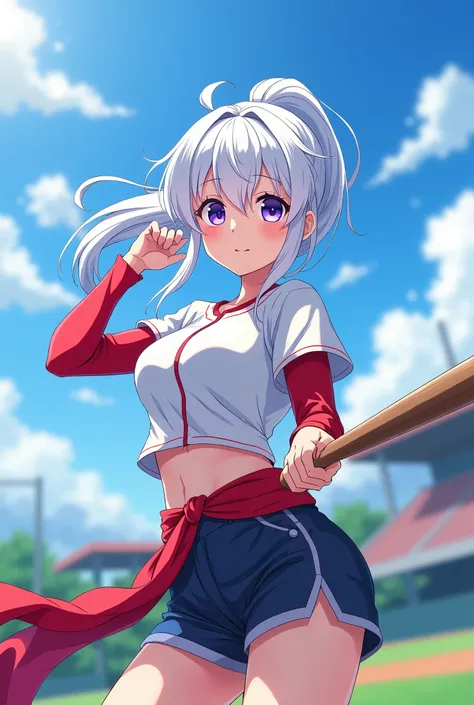 HD、Animation style、white hair 、Purple Eyes、girl、High school student 、single ponytail、Baseball player、Light color short sleeve top、Long sleeve red underwear、plump breasts、Good shape、Thin、sash、Sky、cloud、sunny、Baseball field