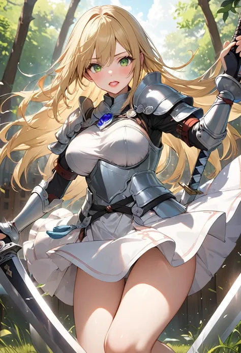 (sword Training style, full body), (best hand holding a detailed long sword), (perfect Sword swing practice with wind effect), (solo:2, 17 yo) (beautiful detailed straight) (beautiful glossy blonde hair long hair) (immensely cute girl) ((cute Gemstone Pupi...