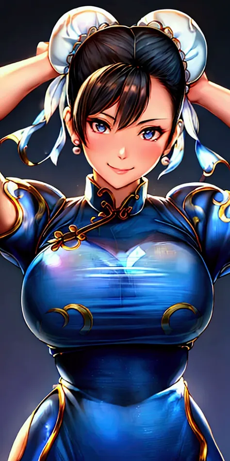 ((chun-li,ponytail,blue leggings:1.3)),upper body, looking at the audience,slim and sexy figure, the best quality, (8k), (4k),(m...