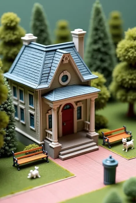 Make a model with a somewhat simple building for a Victorian style park and benches, with scale and proportion with cars and human scales , trash cans, even dogs (everything that can represent scale and proportion)