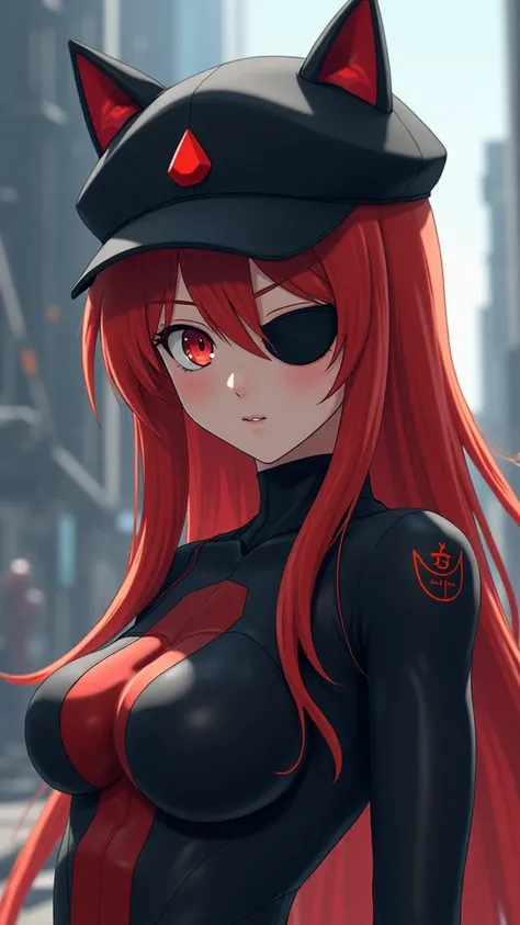 Asuka shikinami soryu, black cat ears hat, eyepatch on left eye, tall muscular, cold stoic, aircraft carrier, beautiful face, realistic, fondo city alienigena, (XLabs F.1 Realism LoRA V1),( asuka plugsuit-XLabs F.1 Realism LoRA V1. 5),( Asuka Plugsuit) 