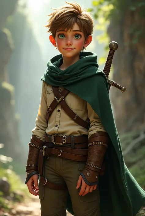 a thin human boy with about brown hair, a very smart smile, bright green eyes, white, slightly tanned skin, wears simple clothes and leather armor, has a bastard sword on his back and wears a dark green hood.