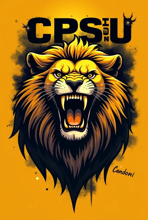 T-shirt logo, with roaring yellow lion head, with orange shadow, with cpsu candoni text above, with Roaring warrior below.