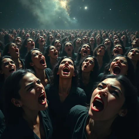 Generate an image of 2000 humans female screaming scared look front It should look real, dark galaxy, crying