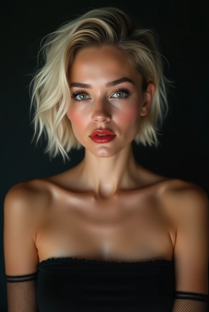 ((Make your subject look three-dimensional with the contrast of light and shadow)), Realistic (photorealistic Realism 16K Quality), ultra realistic details: velvety skin, blonde short slicked to the side hair, symmetrical lips, light glossy red_lipstick, l...