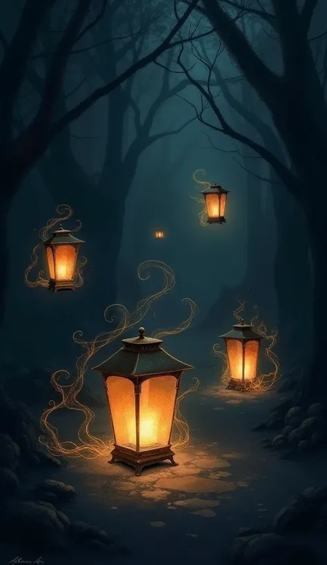 A backdrop of deep, midnight black is punctuated by several hand-drawn lanterns floating gently. Each lantern is sketched with fine, glowing lines, casting a soft, eerie light. Ghostly wisps of smoke curl around them, enhancing the atmospheric feel of a ha...