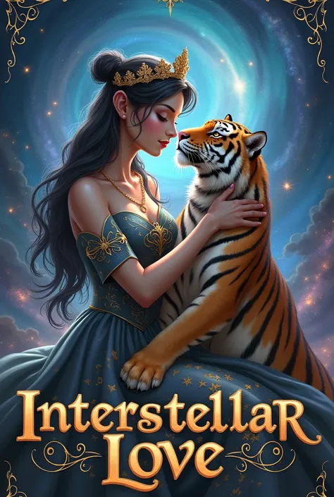 Princess who hv tiger as a pet , alien boyfriend , lovely couple , book cover page , text with golden royal font as ‘Interstellar Love’