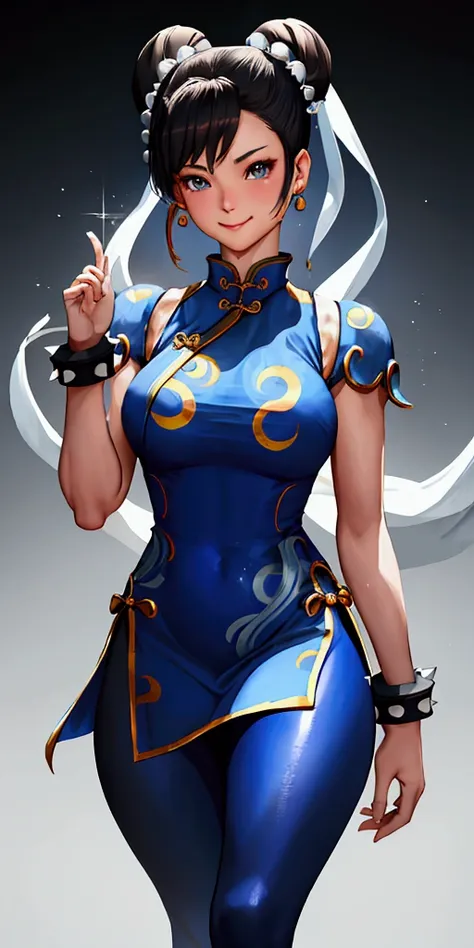 ((chun-li,ponytail,blue leggings:1.3)),upper body, looking at the audience,slim and sexy figure, the best quality, (8k), (4k),(m...