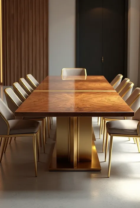 Professional 3d architecture rendering design of modern and  French dining table with shiny wood and gold with 8   Gold chairs 