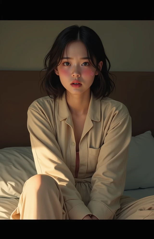 、Realistic、Realistic、Sitting、slouch、Pajamas、My chest is a little visible、Plain face、Asian、Cheeks are a little red、is nervous、night、Small breasts、Sweating