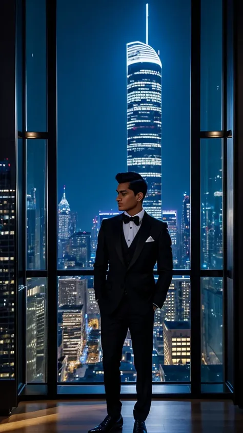 
A young man, short black hair combed back, standing pose in a stylish office. He wears a fitted black and white suit jacket, adorned with fine golden lines that form complex geometric patterns. his eyes, of an intense amber color, They shine with a cold i...