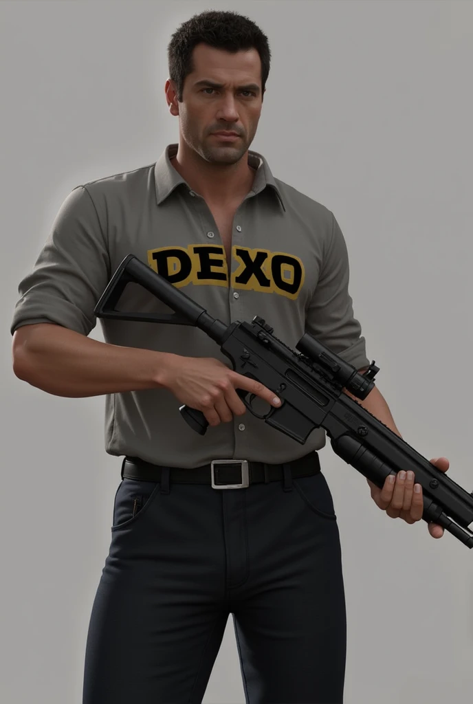 a gun and a man while the man is shirt is written dexo and is dogs shirt 