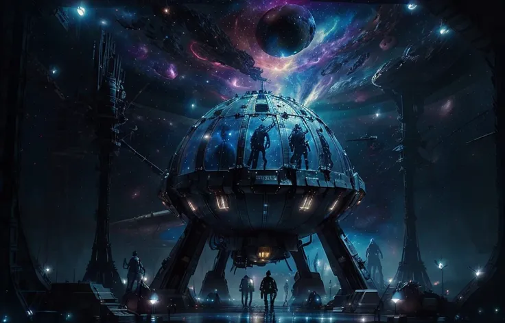 A huge spaceship,full bodyesbian，Solo，Spaceships in the Avengers，seen from outside，(multiple lighting sources:1.5),Detailed hull details,Walking through a wormhole，Cosmic galaxy background,Escaped spaceship,((Best quality)), ((Masterpiece)), (Epic composit...