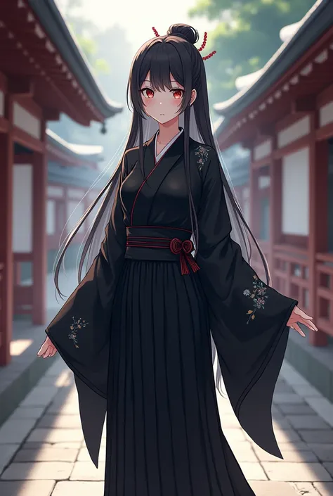 Anime Art Black Japanese Shrine Maiden Outfit With Hakama Pants