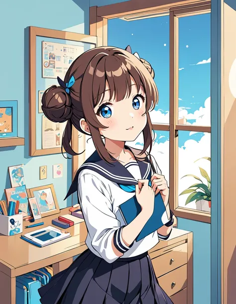 Anime girl getting ready for school in sailor uniform, wearing black pleated skirt, brown hair in double bun, blue eyes, in her room in the morning, detailed illustration style, cute cartoon design, high resolution, bright colors, anime art style.