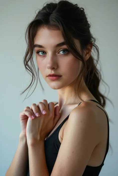 20 year old woman, sad, white background, studio lighting, half body shot