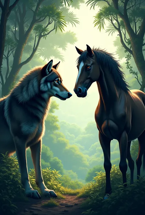 Wolf and horse both look each other in jungle 