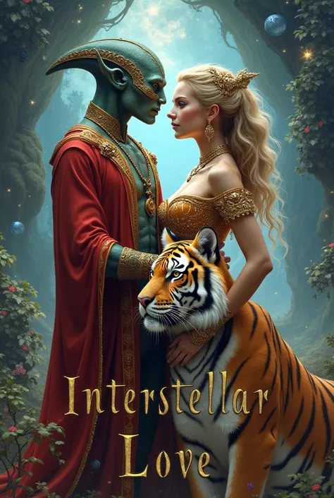 Princess who hv tiger as a pet with her , alien boyfriend , lovely couple , book cover page , text with golden royal font as ‘Interstellar Love’