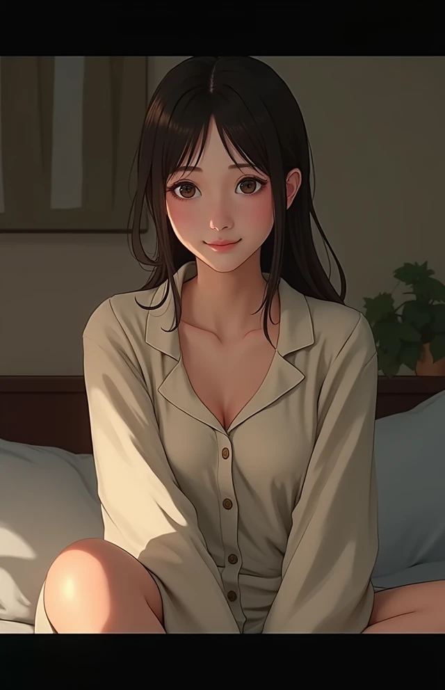 、Realistic、Realistic、seiza、slouch、Pajamas、My chest is a little visible、Plain face、Asian、Cheeks are a little red、smile、night、Small breasts