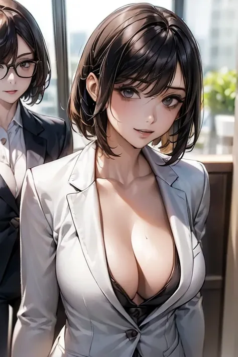 ((Businesswoman, Three sexy women in suits:1.6)), Sexy smile, Portrait, (Short Curly Hair, Bob Hair, Straight Long, Different hair colors), (office)