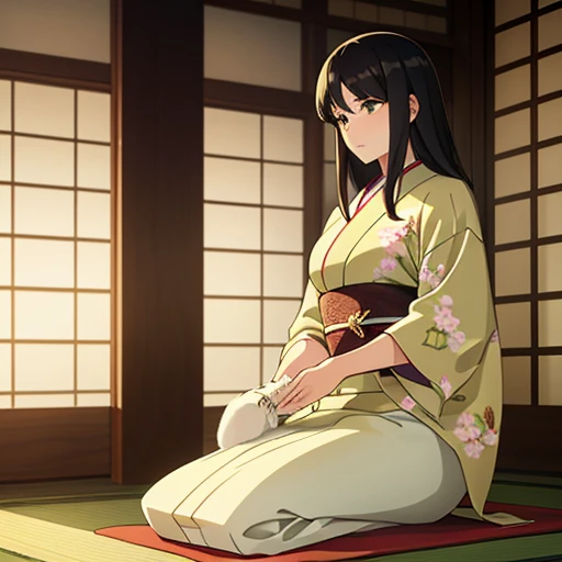 
Long dark hair, straight with a few loose strands. Wearing a traditional light gray kimono adorned with subtle floral patterns and secured with a yellow and green obi. Hands resting on lap, seated in a composed and serene pose. Indoor setting with traditi...