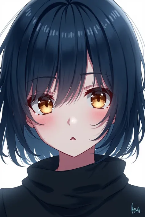 Girl with short dark blue hair, white skin and honey-colored eyes, She wears black clothes and it&#39;s anime style