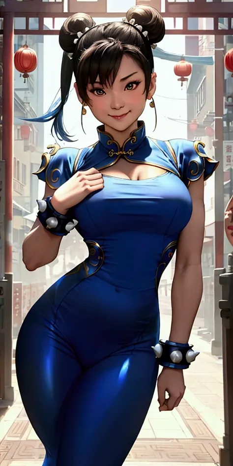 ((chun-li,ponytail,blue leggings:1.3)),upper body, looking at the audience,slim and sexy figure, the best quality, (8k), (4k),(m...