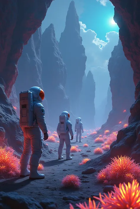 "Astronauts standing in awe as they uncover an incredible, alien landscape with strange, glowing plants and unusual rock formations, something entirely unlike anything seen on Earth, while NASA scientists analyze from afar."