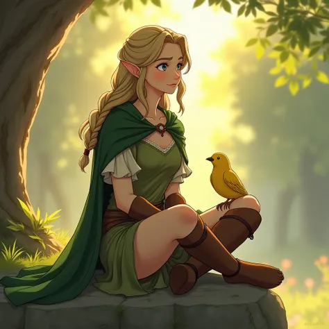 (beautiful female:1.2), (20 years old), (light skin:1.05), (long light hair braids:1.05), (elf ears:1.1), (green eyes:1.1), (kind smile:1.1), (green adventurer green cloak, dress:1.05), (brown armbands, leather belt:1.1), (yellow bird on the shoulder:1.1),...