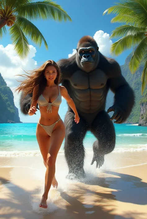 Sexy woman on the beach running after a gorilla 