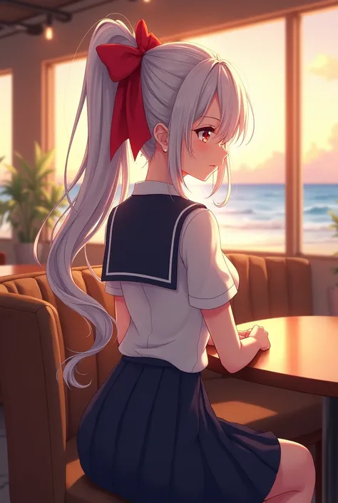 Create an anime image of a girl with long white hair tied into a ponytail with a red bow., Sitting in a cafe at the back with a beach view in the evening, sexy smile, Wear a school uniform