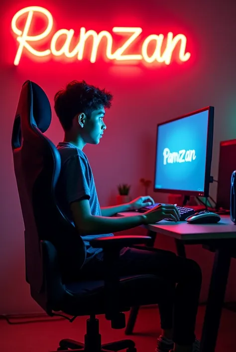 A boy whose age is 15 who is sitting on a gaming chair and there is written on wall Ramzan by red neon light the boy also sitting in gaming room 