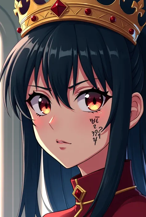 Badass anime girl zoomed in up close wearing a crown and has a small tattoo on her face that says “Vezy”