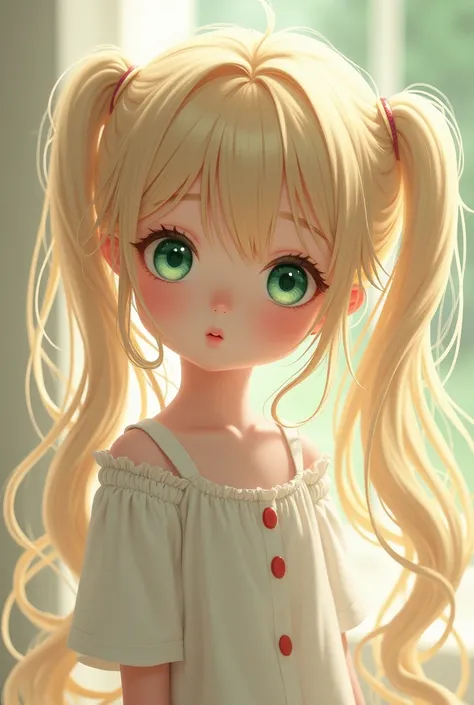 sweet, calm, delicate and innocent little child girl with very long wavy blonde hair and lime green eyes. wavy very long pigtails hairstyle. green eyes. full little body