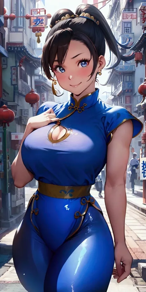 ((Chun-Li,ponytail,blue Leggings:1.3)),upper body, Looking at the audience,Slim and sexy figure, the best quality, (8k), (4K),(masterpiece), (the best quality), Extremely detailed, Game CG, Ultra Detailed, illustration, Beautiful Body,Beautiful nose, Perfe...