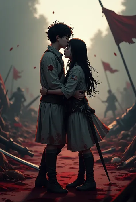 On a bloody battlefield，The two characters share a final embrace in a heavy farewell，Heartbreaking moments.Injuried, Short and messy hair, Long hair, Light clothing with blood stains, Hug pose, Close your eyes, Serious and heavy atmosphere, Outdoor battlef...